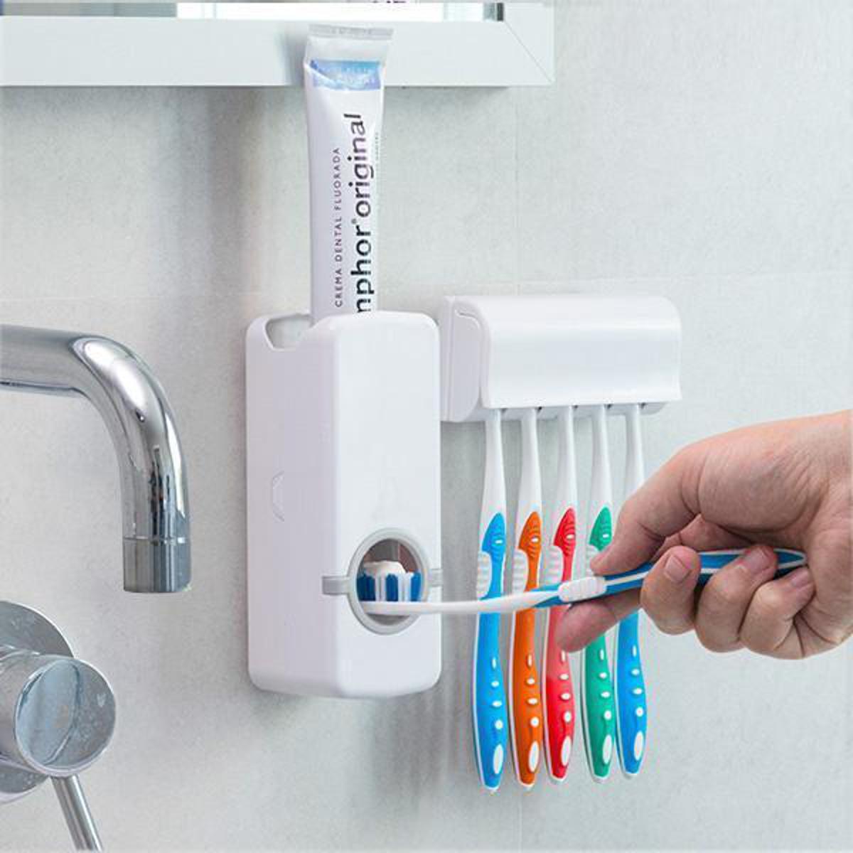 White Automatic Toothpaste Dispenser Set with Wall-Mounted Toothbrush Holder and Built-In Toothpaste Squeeze