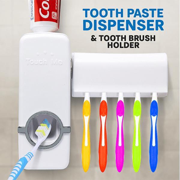 White Automatic Toothpaste Dispenser Set with Wall-Mounted Toothbrush Holder and Built-In Toothpaste Squeeze