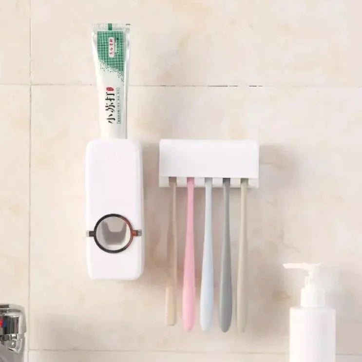 White Automatic Toothpaste Dispenser Set with Wall-Mounted Toothbrush Holder and Built-In Toothpaste Squeeze