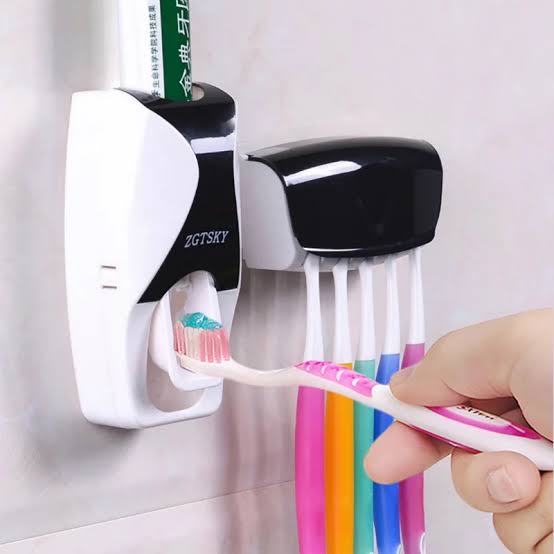 White Automatic Toothpaste Dispenser Set with Wall-Mounted Toothbrush Holder and Built-In Toothpaste Squeeze