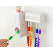 White Automatic Toothpaste Dispenser Set with Wall-Mounted Toothbrush Holder and Built-In Toothpaste Squeeze